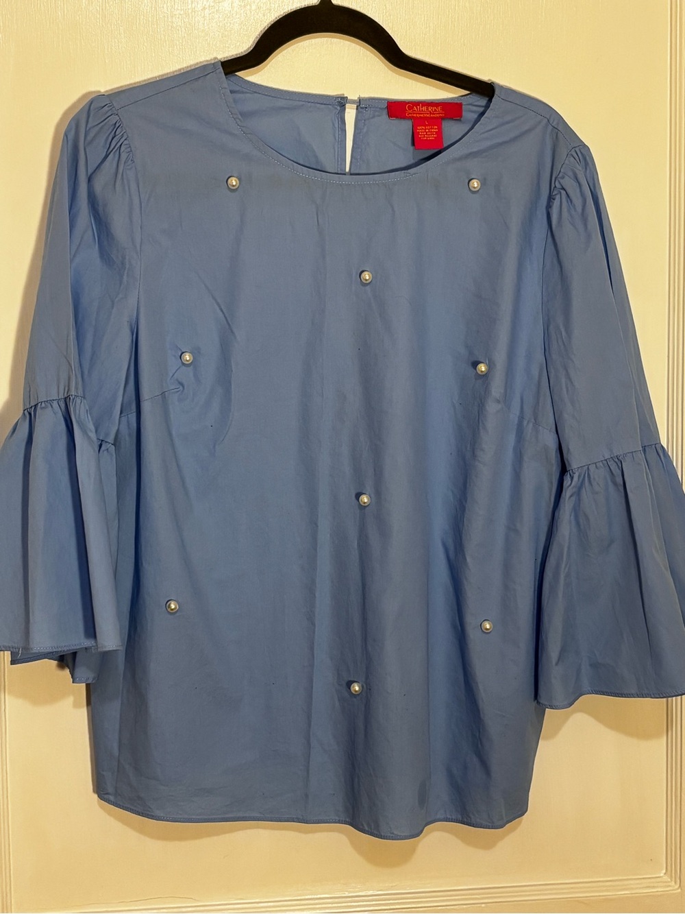 Catherines Light Blue Pearl-Accent Bell Sleeve Blouse
